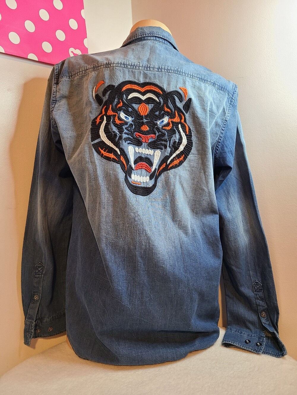 Tom Tailor Men's Tiger Embroidered Denim Button Down Shirt Size Sm
